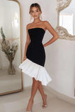 Black and White Strapless Bodycon Ruffled Midi Cocktail Dress