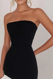 Black and White Strapless Bodycon Ruffled Midi Cocktail Dress