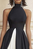 Black White A Line Satin High Neck Long Formal Dress