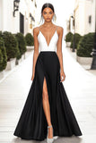 Black White A Line V Neck Satin Long Formal Dress with Slit