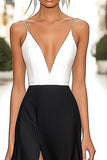 Black White A Line V Neck Satin Long Formal Dress with Slit