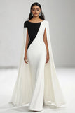 Black White Mermaid Round Neck Long Formal Dress with Cape