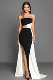 Black White Strapless Mermaid Long Formal Dress with Slit