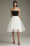 Sparkly Black and White Tulle A Line Midi Graduation Dress with Beading