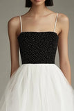 Sparkly Black and White Tulle A Line Midi Graduation Dress with Beading