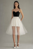 Black and White A Line Tulle Spaghetti Straps Midi Graduation Dress
