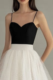 Black and White A Line Tulle Spaghetti Straps Midi Graduation Dress