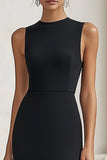 Black Round Neck Satin Long Formal Dress with Slit