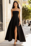 Black Strapless A Line Satin Long Formal Dress with Slit