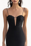 Black Spaghetti Straps Sheath Long Formal Dress with Appliques