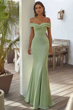 Navy Mermaid Satin Off the Shoulder Long Formal Dress
