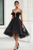 Black Tulle A Line Short Cocktail Dress with Ruffles