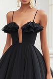 Black Tulle A Line Short Cocktail Dress with Ruffles