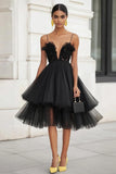 Black Tulle Ruffled Tiered Spaghetti Straps Short Cocktail Dress