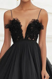Black Tulle Ruffled Tiered Spaghetti Straps Short Cocktail Dress