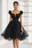 Black Tulle Cap Sleeves A Line Short Cocktail Dress