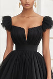 Black Tulle Cap Sleeves A Line Short Cocktail Dress