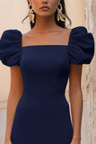 Yellow Satin Ruffled Square Neck Long Formal Dress