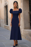 Yellow Satin Ruffled Square Neck Long Formal Dress