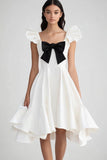 White and Black Satin Ruffled Cap Sleeves Short Graduation Dress with Bow