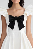 White and Black Satin Ruffled Cap Sleeves Short Graduation Dress with Bow