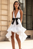 White and Black Satin Ruffled V-Neck Short Graduation Dress with Bow