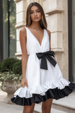 Black and White V Neck Ruffled Satin Short Graduation Dress with Bow