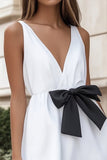 Black and White V Neck Ruffled Satin Short Graduation Dress with Bow