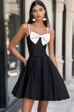 Black and White Satin Spaghetti Straps Short Cocktail Dress with Bow