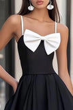 Black and White Satin Spaghetti Straps Short Cocktail Dress with Bow