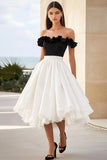 White and Black Ruffled Off the Shoulder Midi Graduation Dress