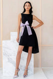 Black Satin Sleeveles A Line Short Cocktail Dress with Bow