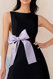 Black Satin Sleeveles A Line Short Cocktail Dress with Bow