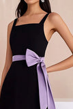 Black Satin Spaghetti Straps Short Bodycon Cocktail Dress with Bow