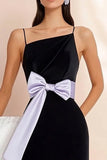 Black Satin Spaghetti Straps Short Cocktail Dress with Bow