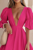 Fuchsia V Neck Half Sleeves Short Cocktail Dress