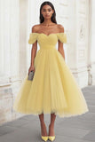 Yellow Off the Shoulder Tulle Pleated Long Formal Dress