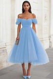 Yellow Off the Shoulder Tulle Pleated Long Formal Dress