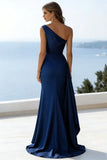 One Shoulder Mermaid Navy Ruched Long Formal Dress