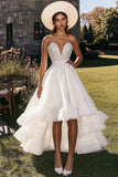 Sparkly White Ruffled Strapless A Line High-Low Formal Dress