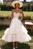 Sparkly White A Line Ruffled Long Formal Dress with Beading