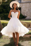Strapless A Line White Knee Length Wedding Dress With Beading
