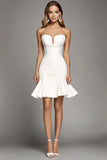 Strapless A Line Ivory Satin Bodycon Ruffled Short Work Dress