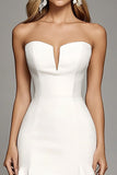 Strapless A Line Ivory Satin Bodycon Ruffled Short Work Dress
