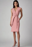 Pink Satin Bodycon V Neck Midi Work Dress