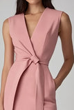Pink Satin Bodycon V Neck Midi Work Dress