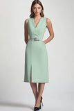 Mint Green Satin V Neck Bodycon Midi Work Dress With Belt