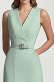 Mint Green Satin V Neck Bodycon Midi Work Dress With Belt