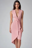 Pink Bodycon Deep V Neck Work Dress with Sash