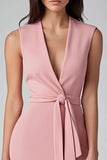 Pink Bodycon Deep V Neck Work Dress with Sash